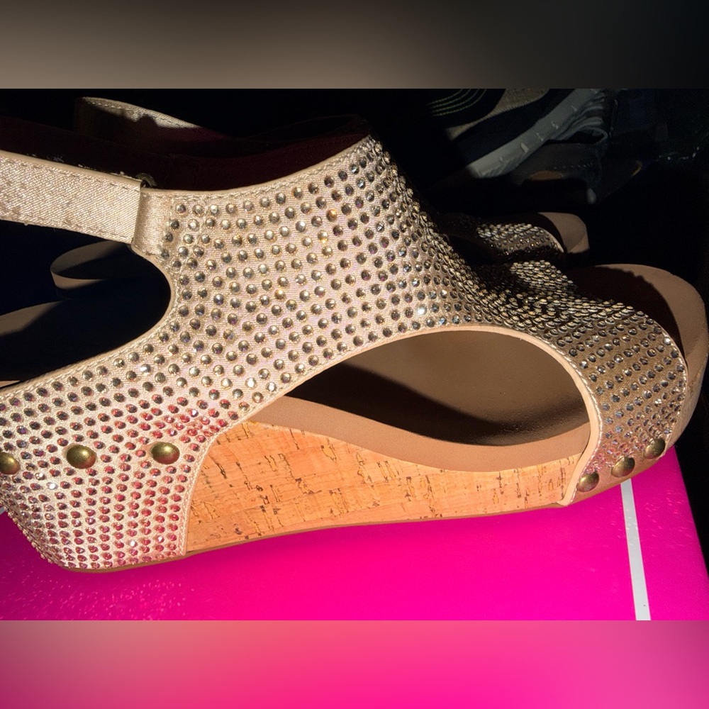 Sparkle Studded Beige Wedge Sandals - Women